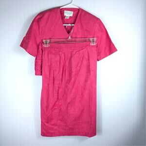 Plaza South Petites Size 4 Pink Jacquard Cotton Blazer Jacket Skirt Set Vintage